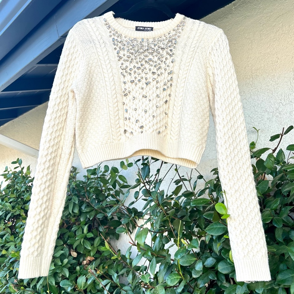 MIU MIU Crystal Sweater Cream White Cable Knit Embellished Wool Size 36 Small